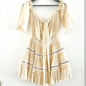 MISA off-shoulder Cream Mini Dress